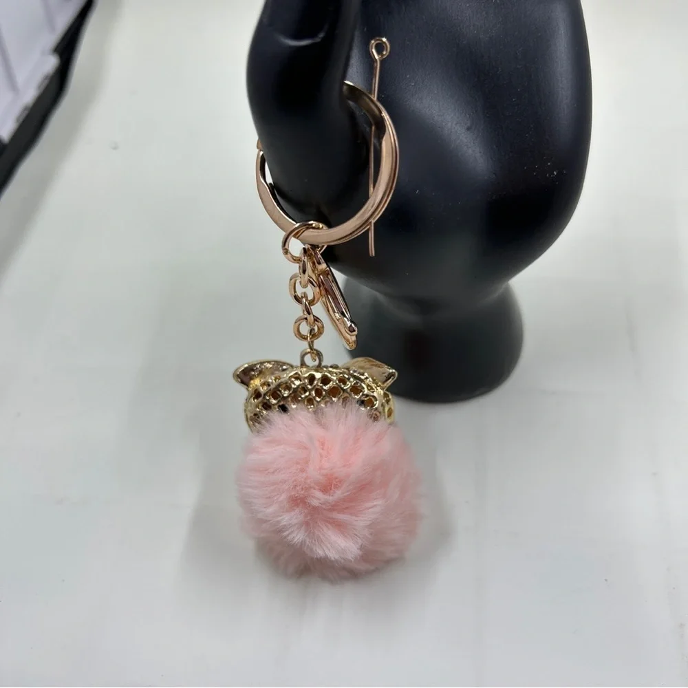 Enameled Pink Owl Rhinestone Keychain With Gold Tone Accents